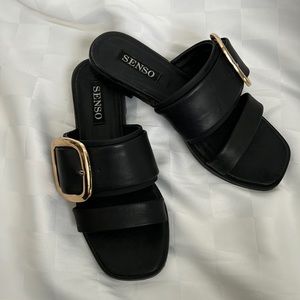 SENSO LEATHER BLACK w/ GOLD BUCKLE SLIDES